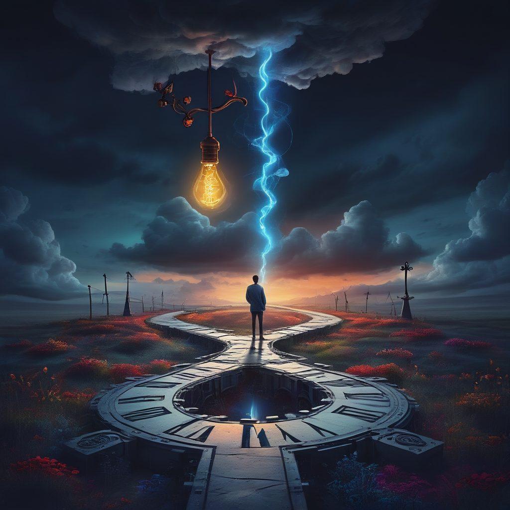 A dramatic scene illustrating a person standing at a crossroads, with one path lined with gloomy clouds representing sadness and the other path glowing with vibrant colors symbolizing success. In the foreground, a blueprint of a content submission strategy is laid out. The individual holds a pen, indicating their choice. Surrounding the scene are flowing symbols of creativity, such as light bulbs and gears. surrealistic. vibrant colors. 3D.