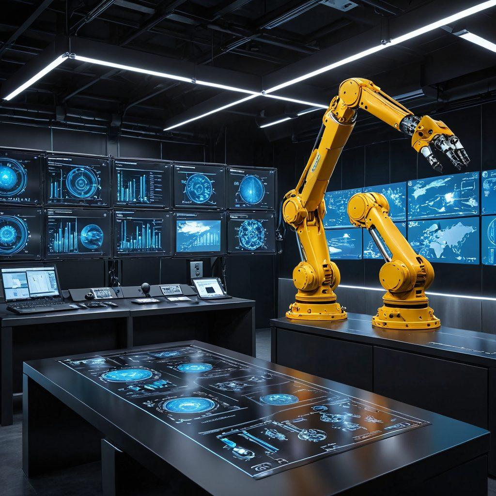 A futuristic engineering environment showcasing a sleek automated system with advanced robotic arms sorting and delivering content efficiently. In the background, a digital control panel displays real-time data analytics, illustrating optimization in action. Surround the scene with blueprints and gears to symbolize resilience in engineering. Bright and dynamic lighting enhances the technological ambiance, invoking a sense of progress and innovation. super-realistic. vibrant colors. 3D.