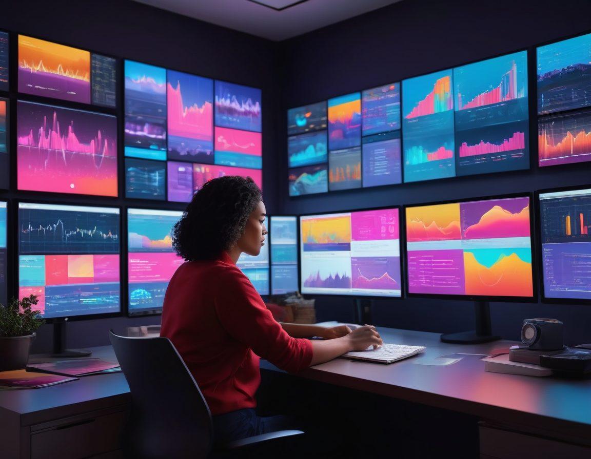 A person sitting at a sleek modern desk, surrounded by digital screens displaying graphs and content submissions, transitioning from a gloomy ambiance of dark colors to an uplifting bright space. The expression on their face shifts from dejection to joy, encapsulating the journey from struggle to success. Glowing digital elements symbolize the mastery of content submission. pop art style. vibrant colors. bright background.